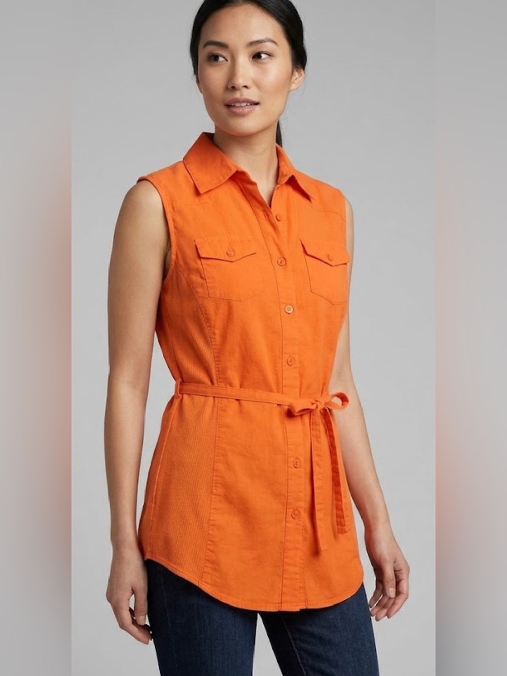 Sleeveless Tie-Waist Button Front Blouse - Orange